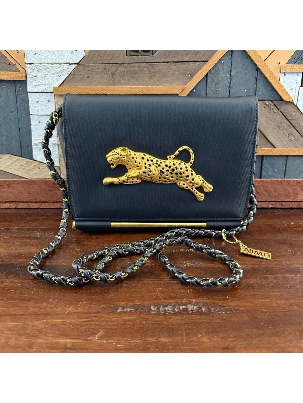 Vintage 80s NIMA Black Crossbody Bag Gold 3D Leaping Leopard Cheetah